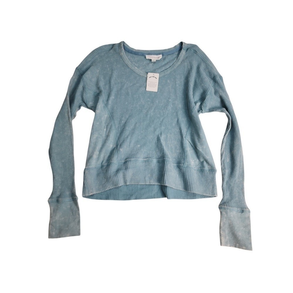Pink Rose Waffle Knit Top Women Small Blue Thermal Acid Wash Thumbhole Lounge